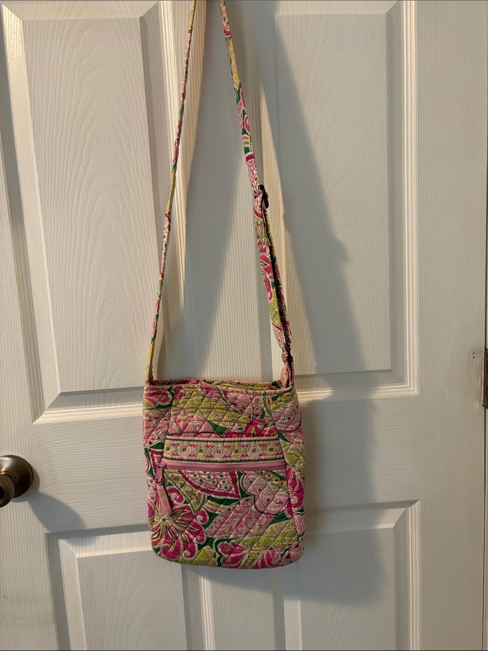 Vera Bradley Pink and Green Quilted Crossbody with Paisley Print
